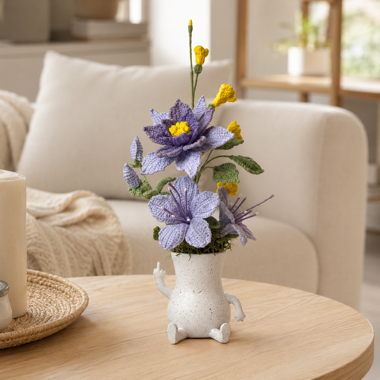Handmade crocheted purple flower arrangement in a lovely resin "givin-you-the-bird" figurine vase | crocheted flower arrangement home decoration | unique dining table centerpiece decoration gift