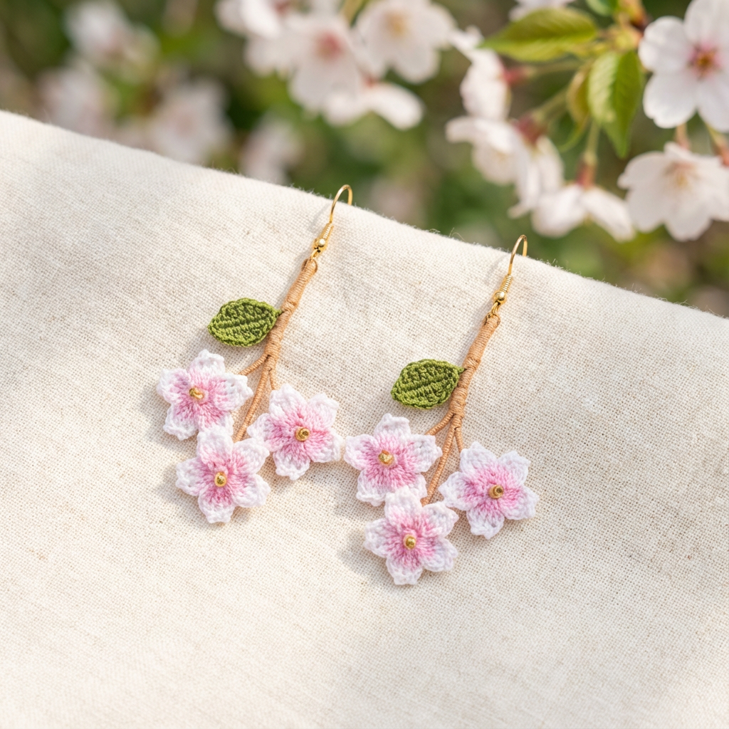Hand-Crocheted Cherry Blossom Earrings - Pink-White Gradient Sakura - Bohemian Style