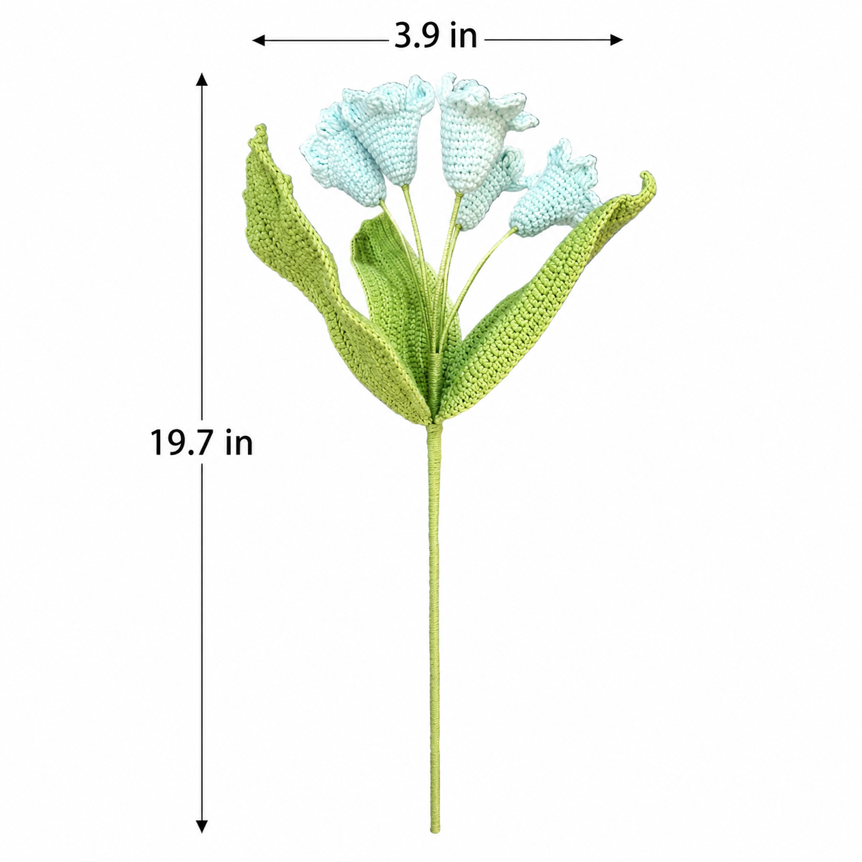 Crochet Flower Bouquet, Light Blue Bell-Shaped Blooms with Green Leaves, Artificial Floral Stem for Vase, Desk, Shelf and Home Decor
