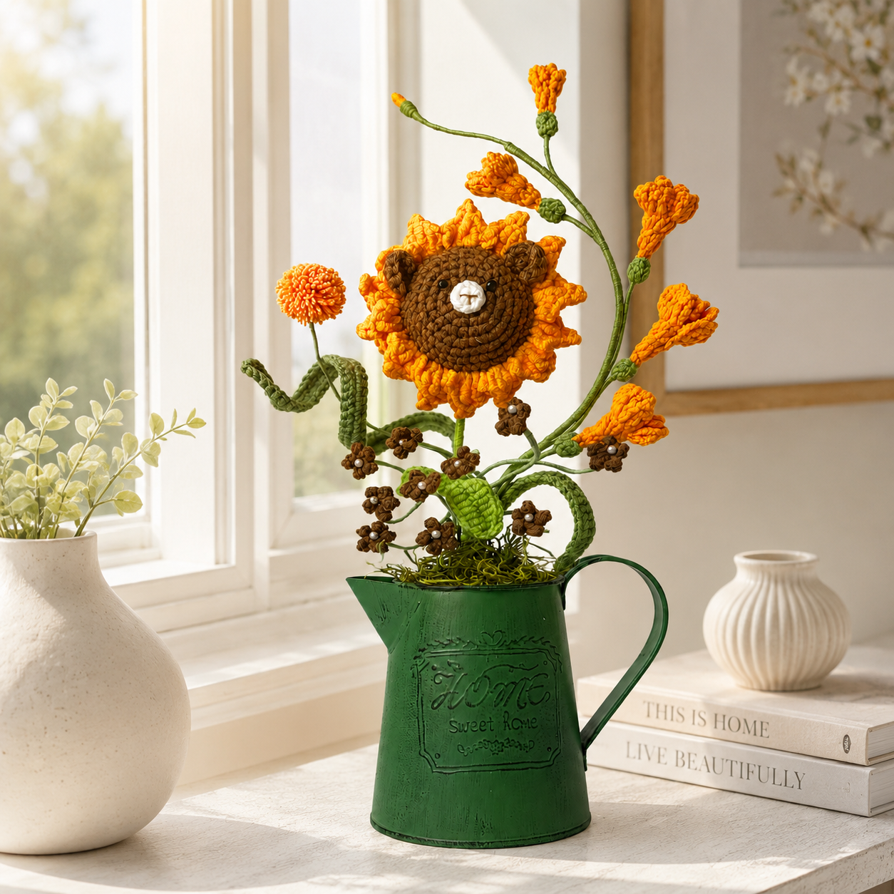 Handmade crochet cute bear bouquet, retro green kettle flower holder | knitted floral home decoration arrangement | country dining table centerpiece decoration, suitable for home office and living room