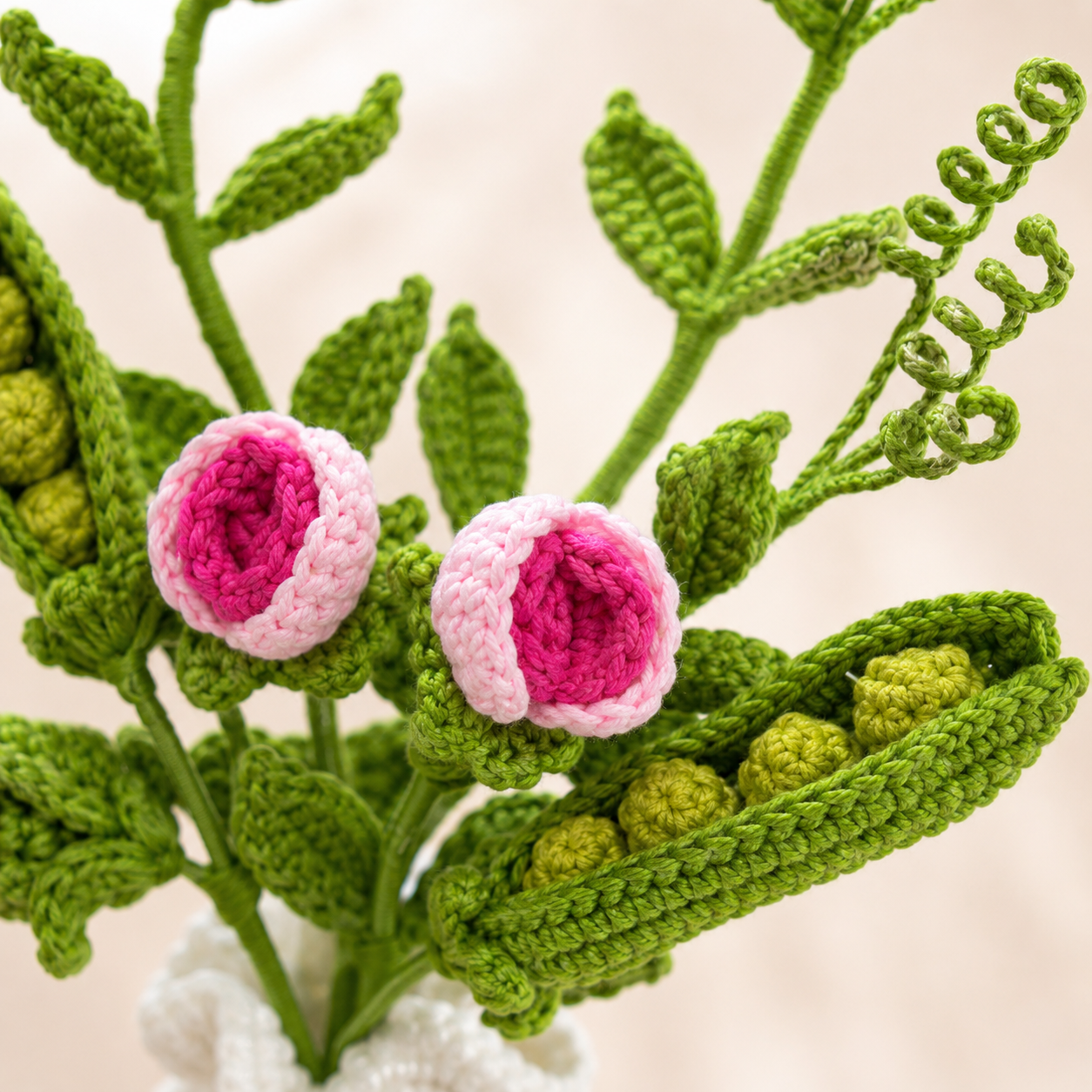 Handmade Crochet Green Plant Bouquet in White Vase, Knitted Pea Pod Flower Arrangement with Pink Crochet Blooms, Rustic Farmhouse Tabletop Decor for Bedroom Living Room Office, Cozy Gift for Women