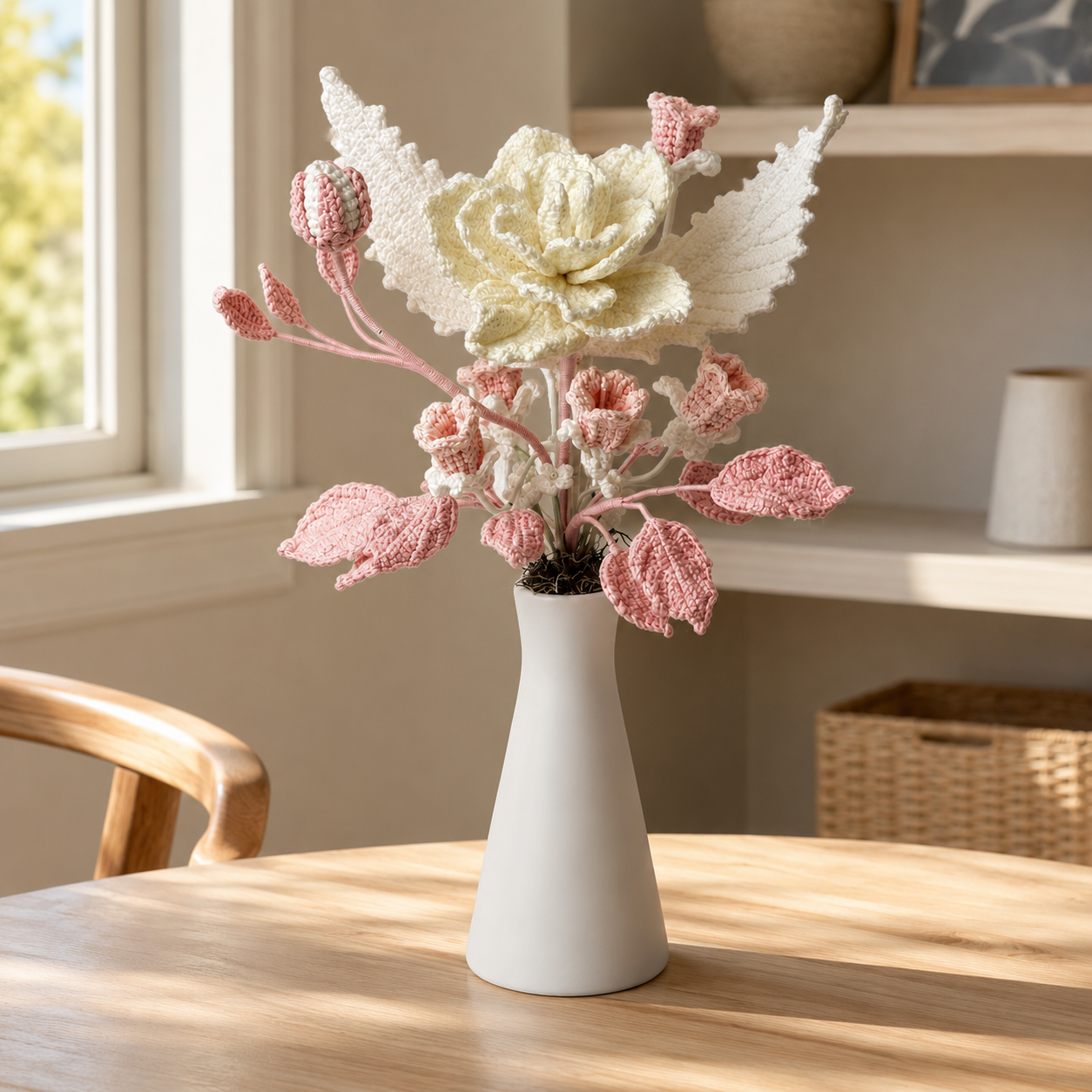 Handmade Crochet Flower Bouquet in Vase | Knitted Floral Home Decor | Desk & Room Decoration Gift