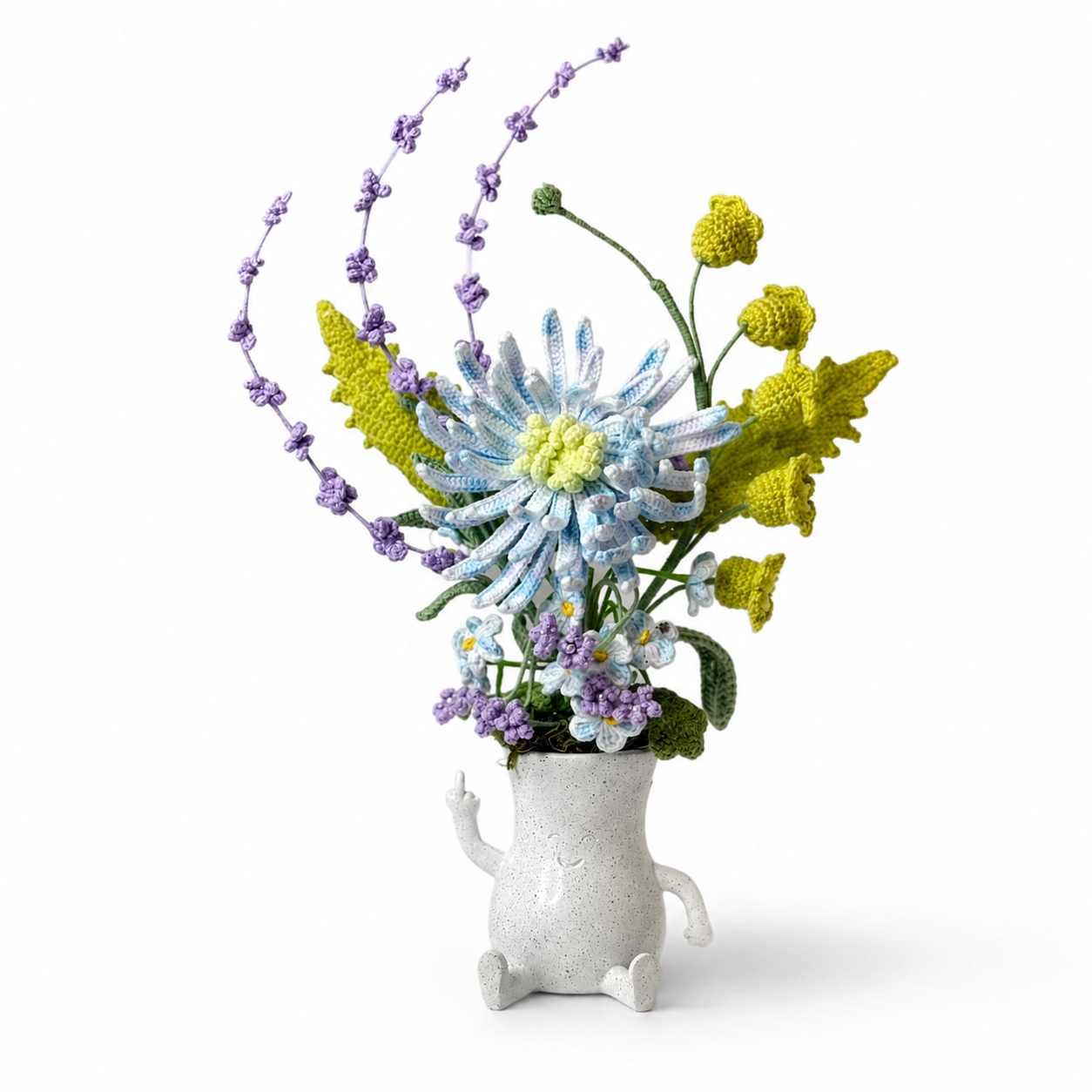 Hand-knitted blue chrysanthemum bouquet placed in a smiling ceramic vase | Home decoration arrangement | Table centerpiece decoration gift
