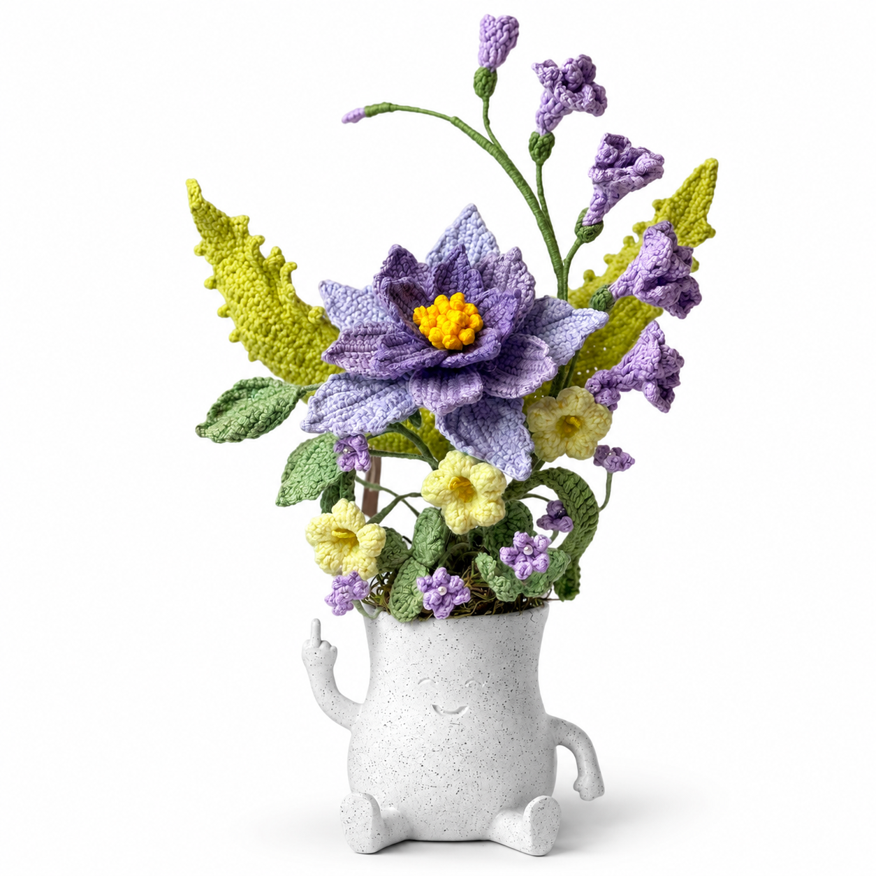 Handmade Crochet Flower Arrangement in Ceramic Character Vase | Purple & Yellow Floral Home Decor | Knitted Artificial Bouquet Table Centerpiece
