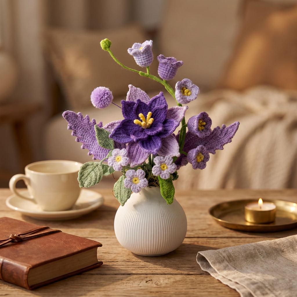 Purple Crochet Flower Arrangement in White, Round Vase