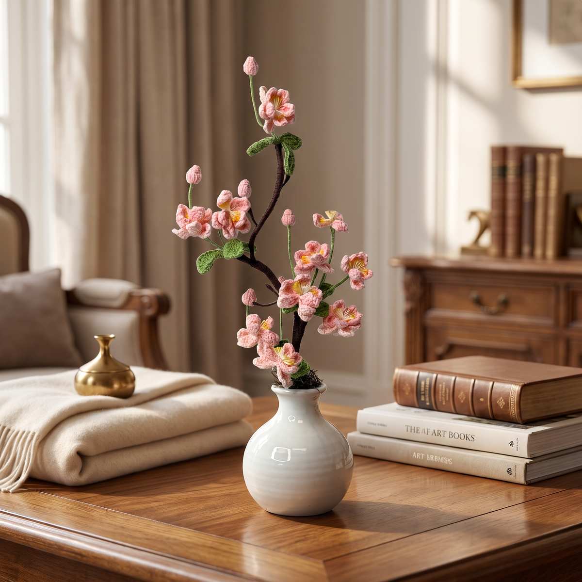 Pink Cherry Blossom Arrangement In a Round Glazed Ceramic vase