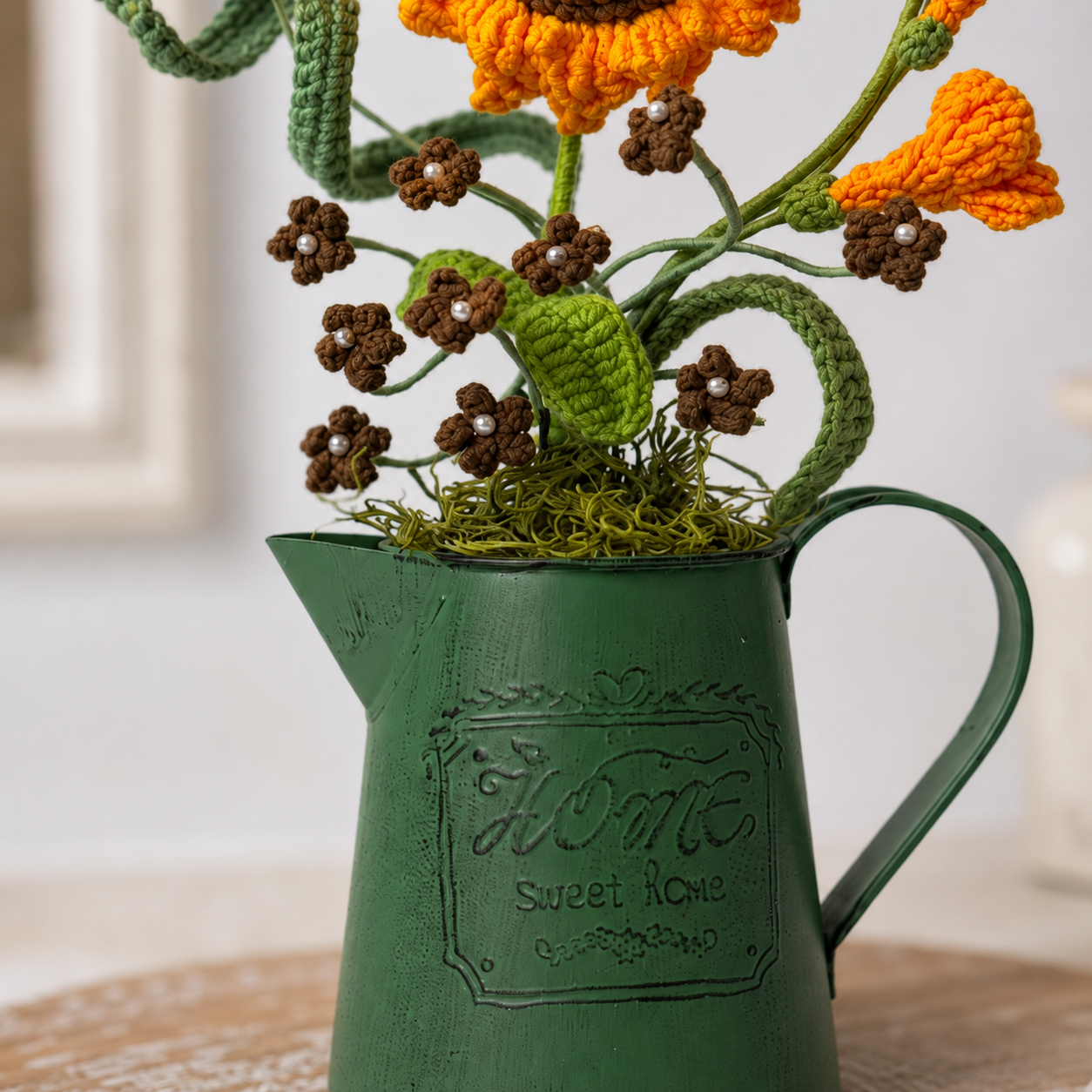 Handmade crochet cute bear bouquet, retro green kettle flower holder | knitted floral home decoration arrangement | country dining table centerpiece decoration, suitable for home office and living room