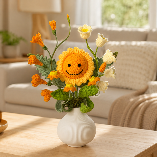 Handmade Crochet Smiling Sunflower Bouquet in White Vase | Amigurumi Flower Home Decor | Cute Crochet Floral Arrangement Gift