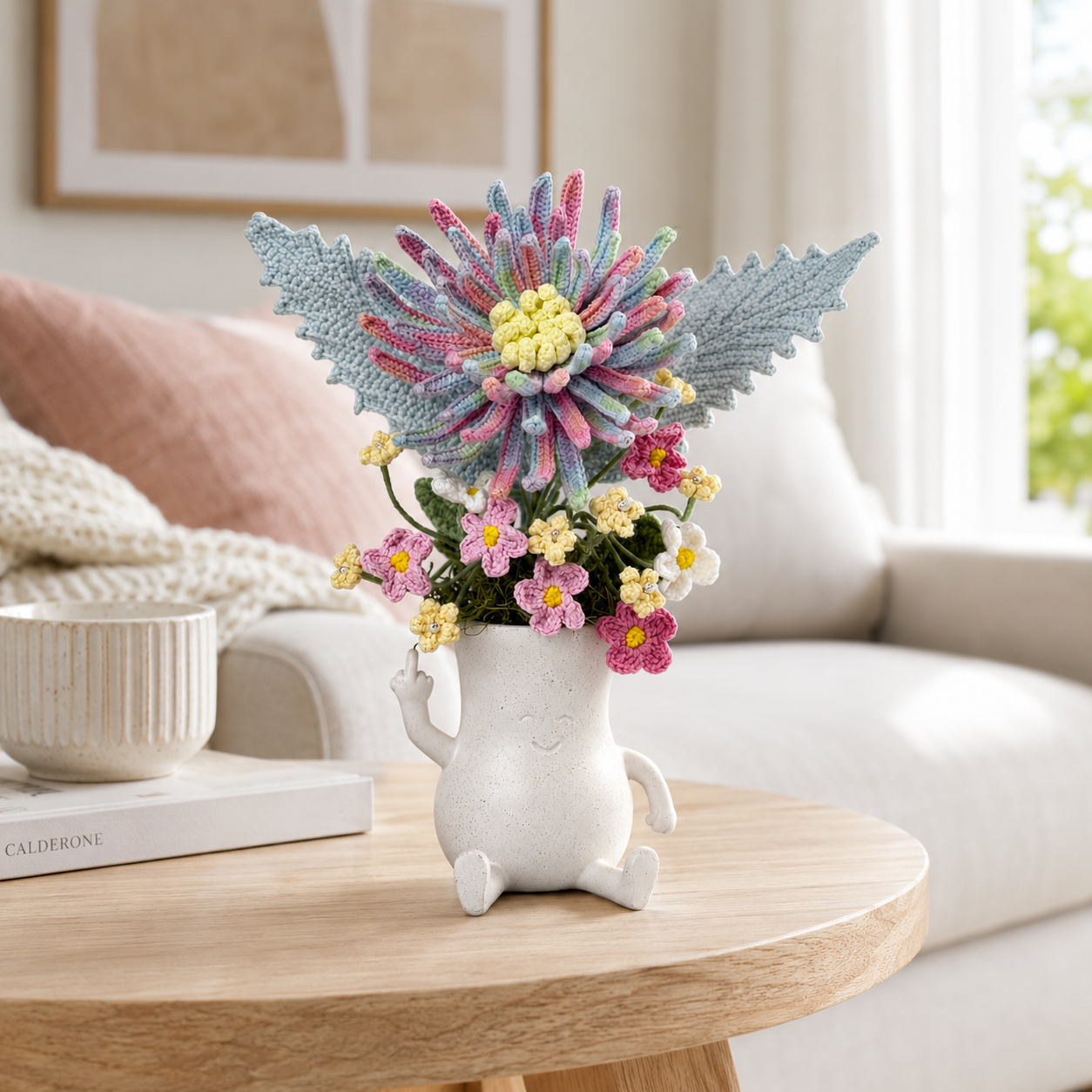 Hand-knitted Chrysanthemum Bouquet in White Ceramic Vase | Cute Home Decoration | Knitted Flower Arrangement Gift