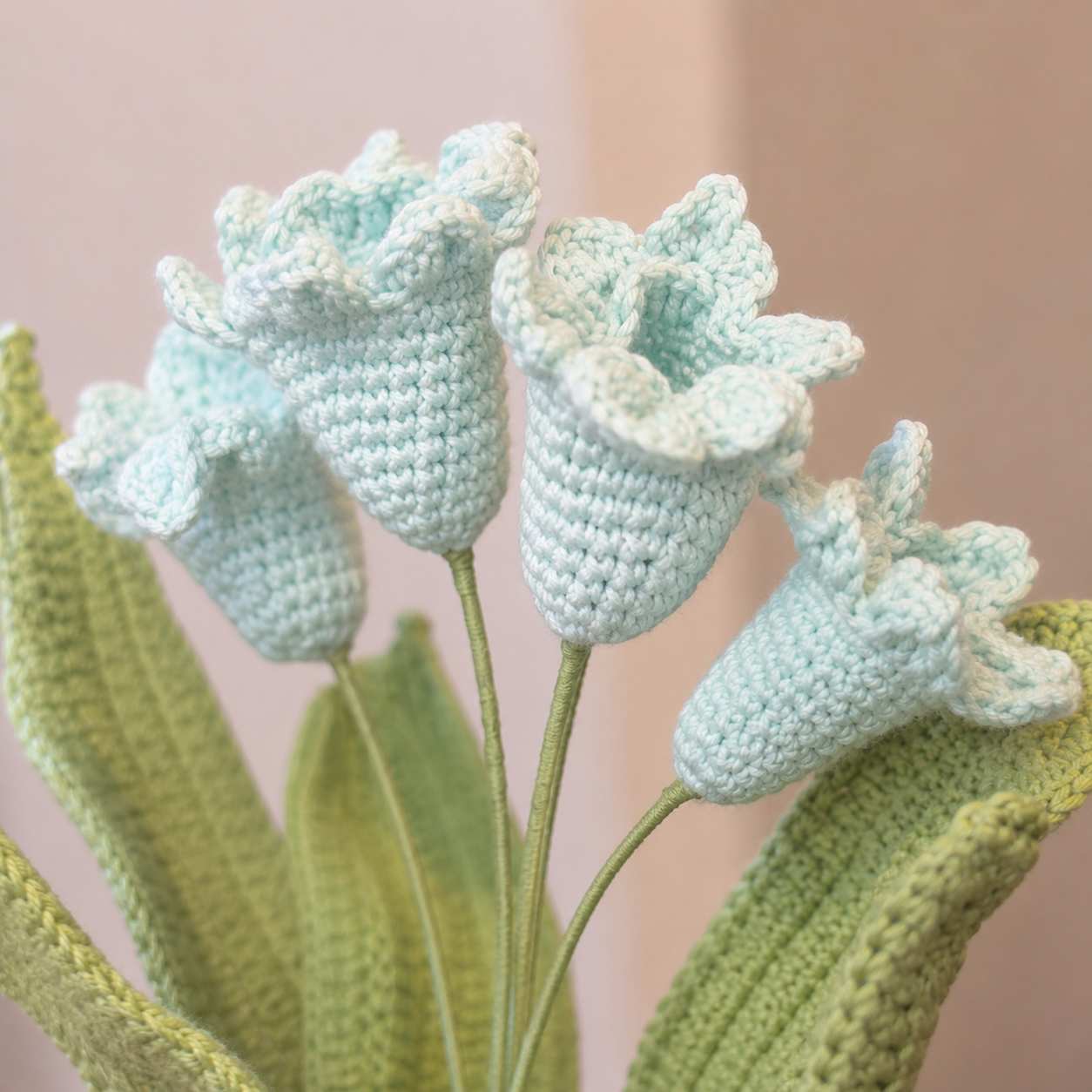 Crochet Flower Bouquet, Light Blue Bell-Shaped Blooms with Green Leaves, Artificial Floral Stem for Vase, Desk, Shelf and Home Decor
