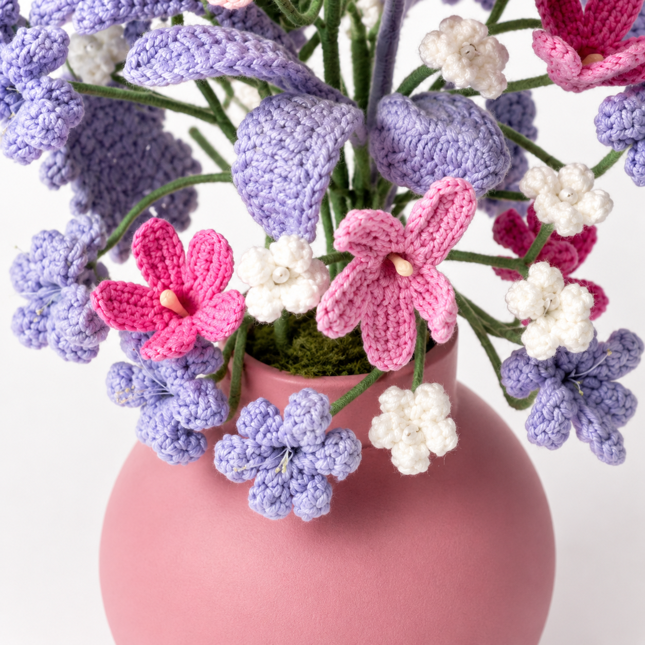 Hand-knitted pink and purple romantic flower arrangement | Knitted artificial flower arrangement home decoration | Decorative desk and living room center decoration, gift for women