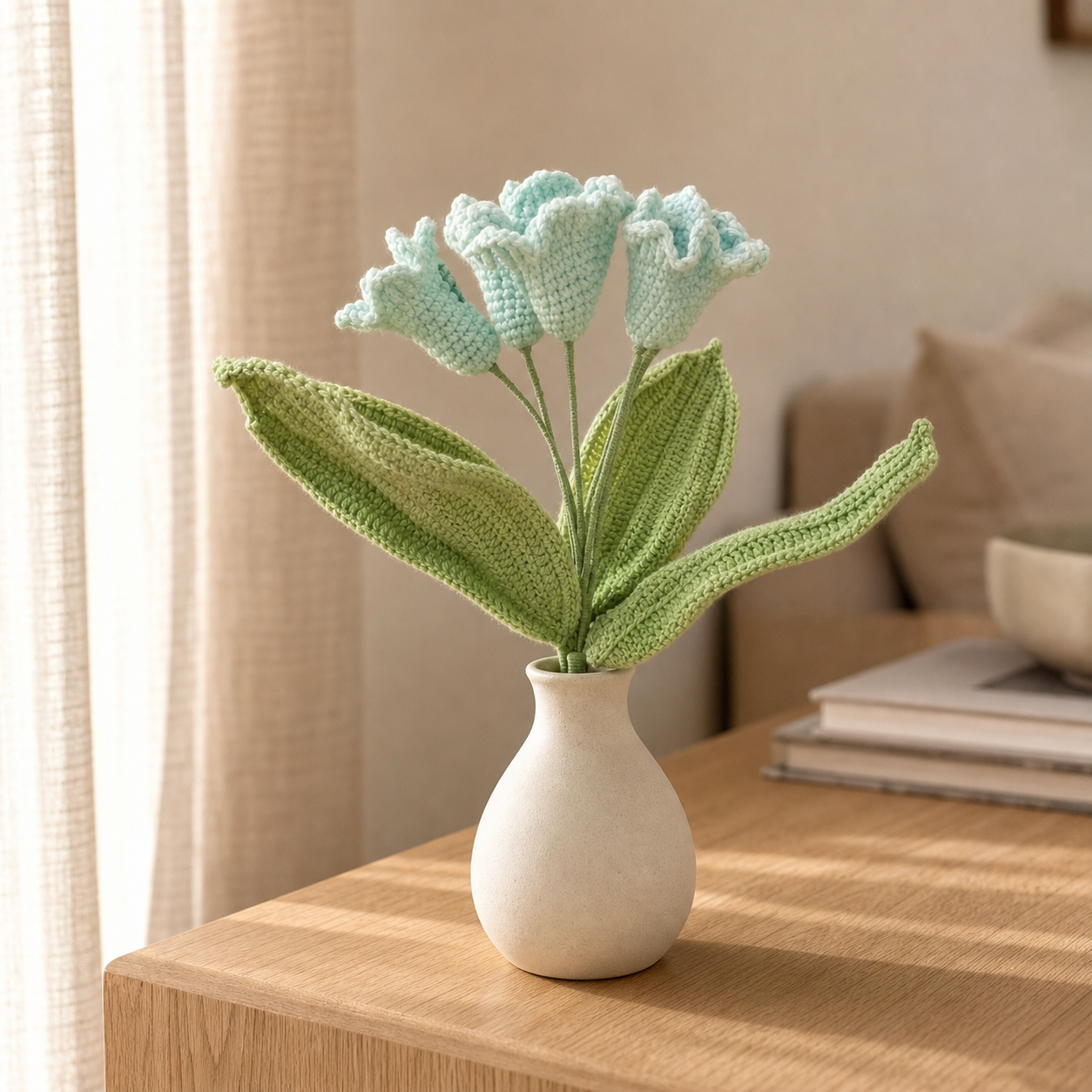 Crochet Flower Bouquet, Light Blue Bell-Shaped Blooms with Green Leaves, Artificial Floral Stem for Vase, Desk, Shelf and Home Decor