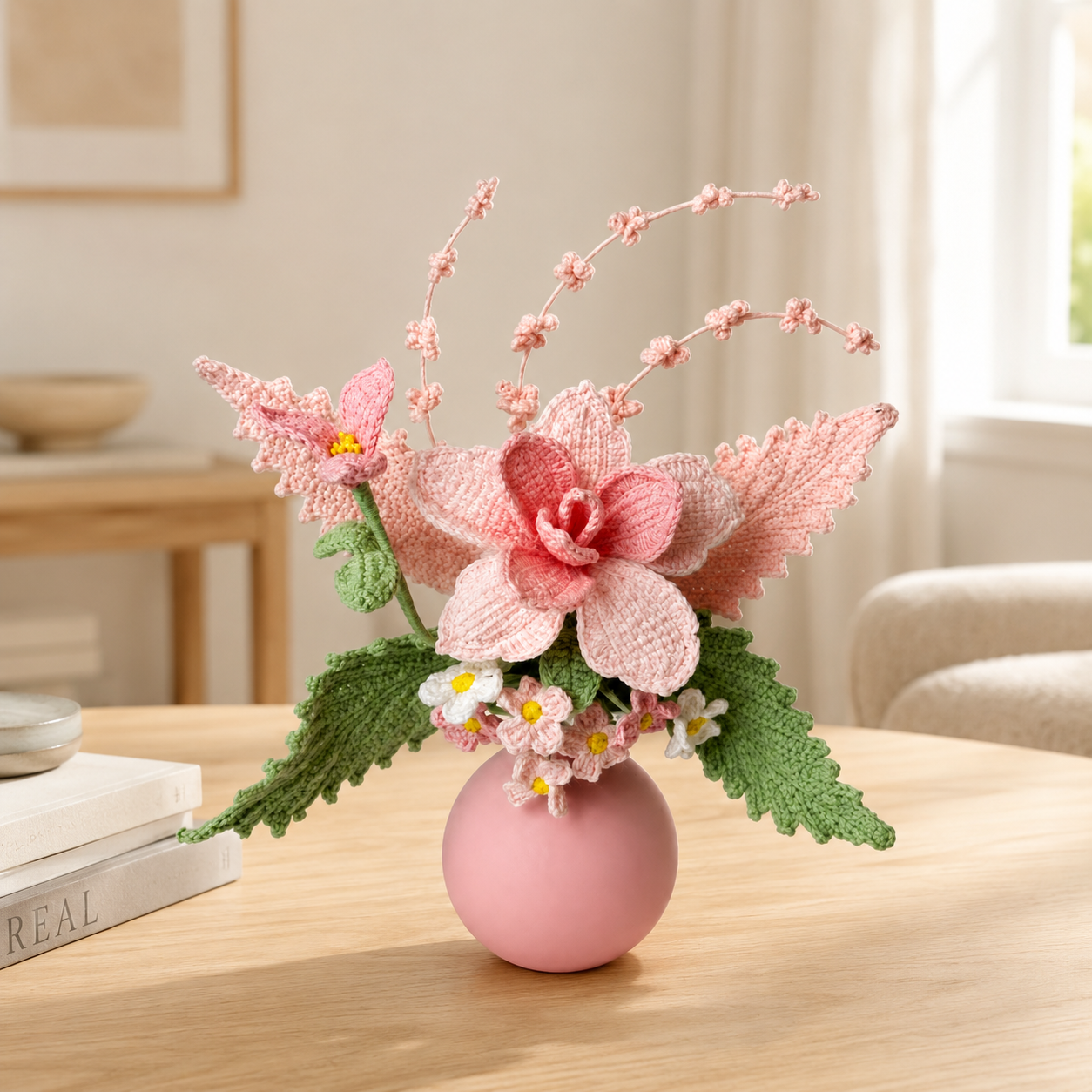 Handmade Crochet Flower Arrangement in Vase | Pink Artistic Knitted Floral Bouquet Decor | Home Table Centerpiece, Bedroom & Living Room Aesthetic Decoration | Unique Handmade Gift for Women