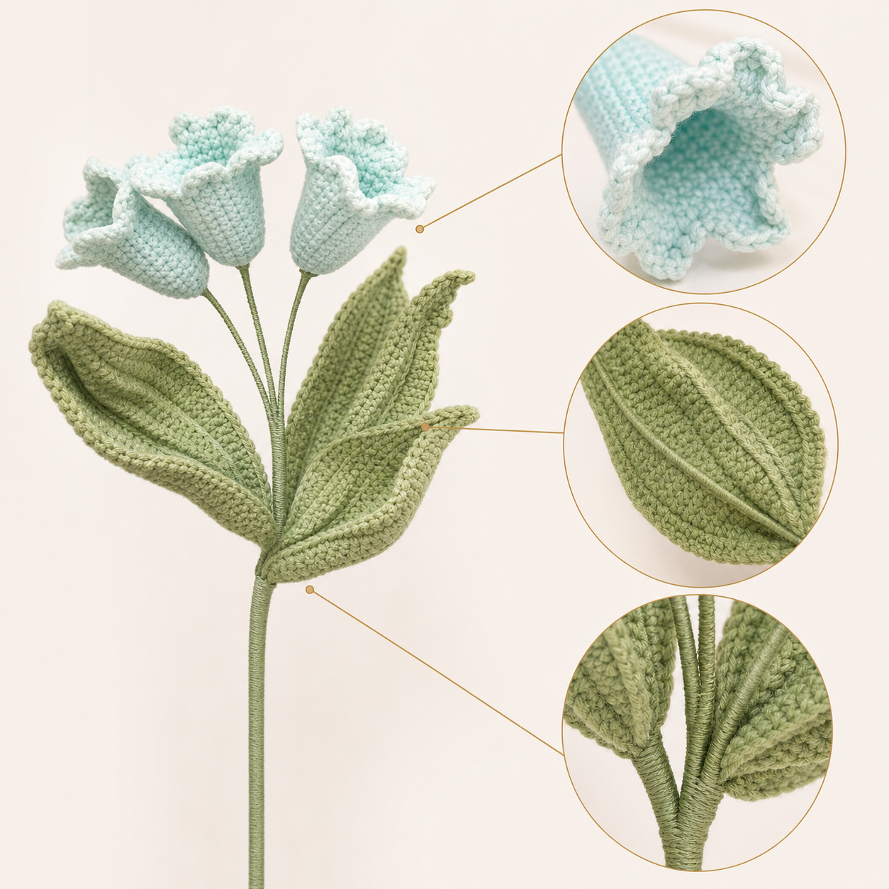 Crochet Flower Bouquet, Light Blue Bell-Shaped Blooms with Green Leaves, Artificial Floral Stem for Vase, Desk, Shelf and Home Decor