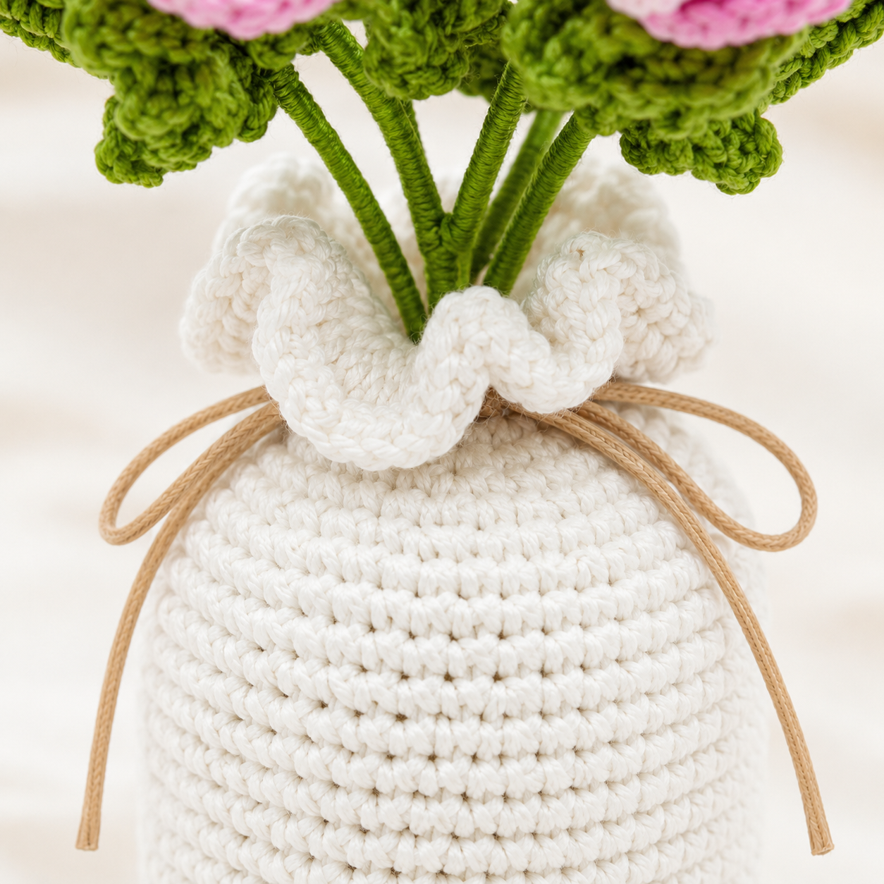 Handmade Crochet Green Plant Bouquet in White Vase, Knitted Pea Pod Flower Arrangement with Pink Crochet Blooms, Rustic Farmhouse Tabletop Decor for Bedroom Living Room Office, Cozy Gift for Women