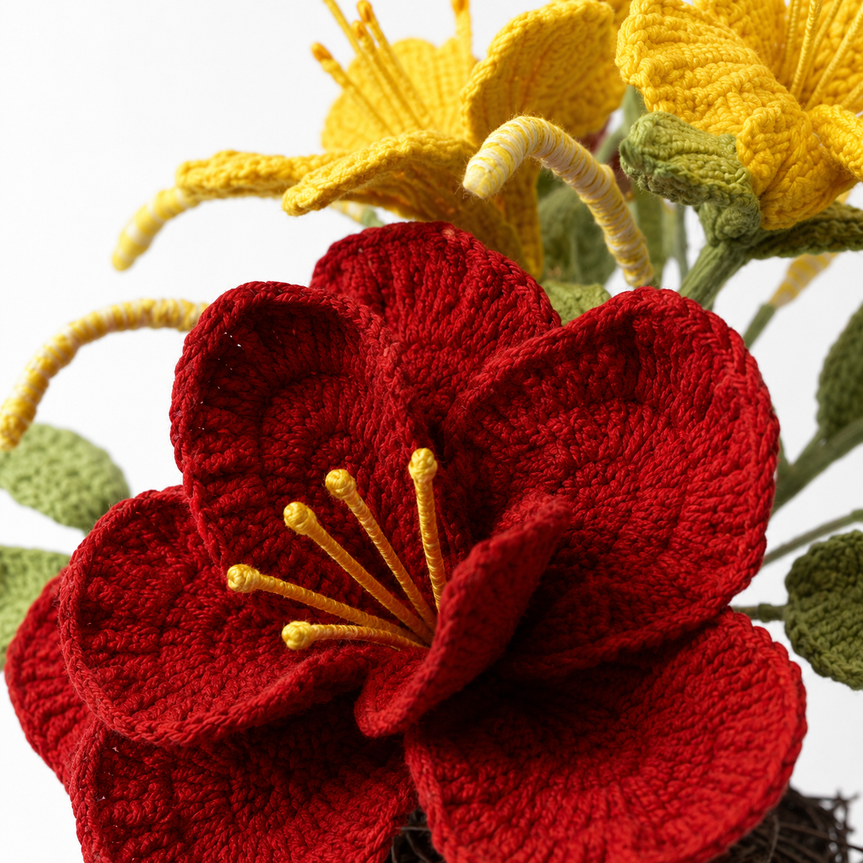 Handmade crocheted floral decoration ceramic cup - embrace and kiss romantic floral desk decoration, crocheted bouquet - unique home and office gift, suitable for birthday, Valentine's Day