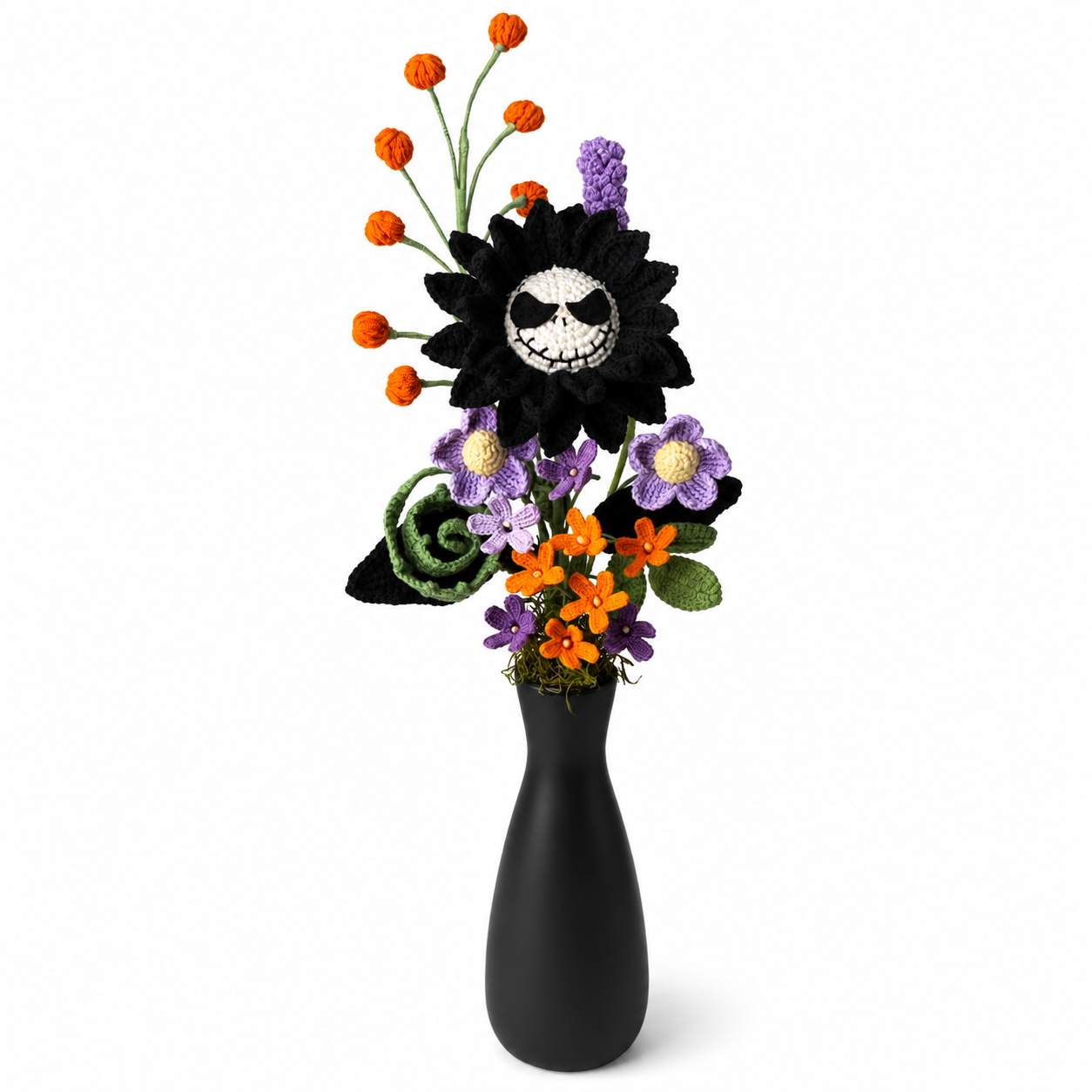 Handmade Crochet Skull Flower Arrangement in Black Vase | Gothic Halloween Home Decor | Unique Amigurumi Floral Centerpiece Gift