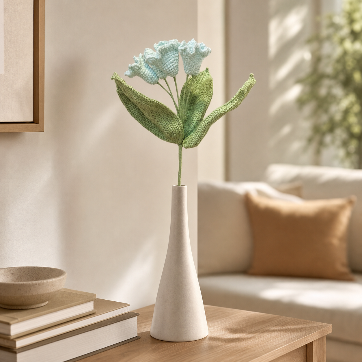 Crochet Flower Bouquet, Light Blue Bell-Shaped Blooms with Green Leaves, Artificial Floral Stem for Vase, Desk, Shelf and Home Decor