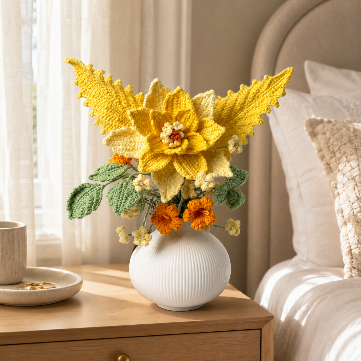 Handmade crocheted yellow rose bouquet vase | Knitted artificial flower home decoration center decoration | Bohemian country table decoration | Unique gift for women, Mother's Day, birthday and moving in