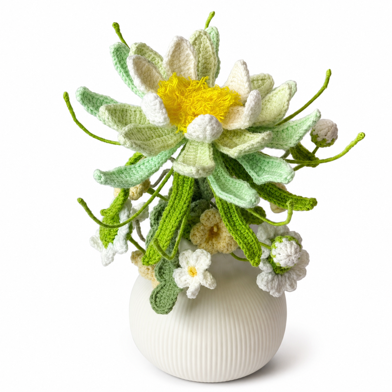 Hand-knitted green fairy bouquet vase decoration | yellow and green knitted flowers home decoration | country dining table centerpiece decoration gift