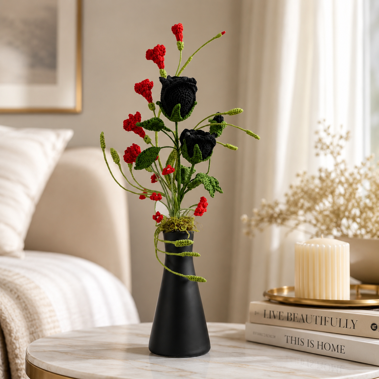 Hand-knitted black rose flowers | Elegant knitted bouquet home decoration | Modern Gothic style artificial knitted flower center decoration, suitable for living room, office and gift