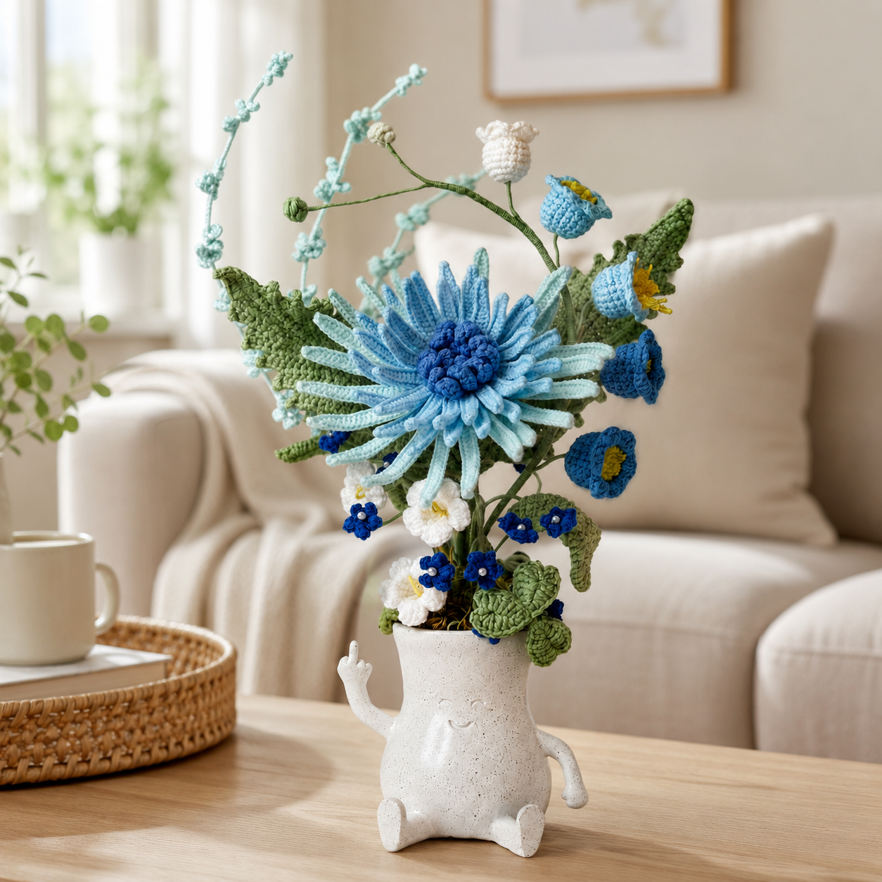 Hand-knitted blue chrysanthemum bouquet placed in a smiling resin givin-you-the-bird vase |Funny Flower Home Decoration | Knitted Table Center Decoration Gift