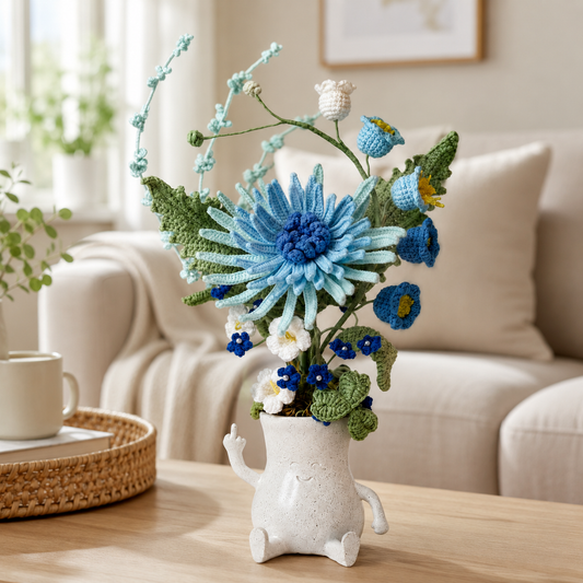 Hand-knitted blue chrysanthemum bouquet placed in a smiling resin givin-you-the-bird vase |Funny Flower Home Decoration | Knitted Table Center Decoration Gift