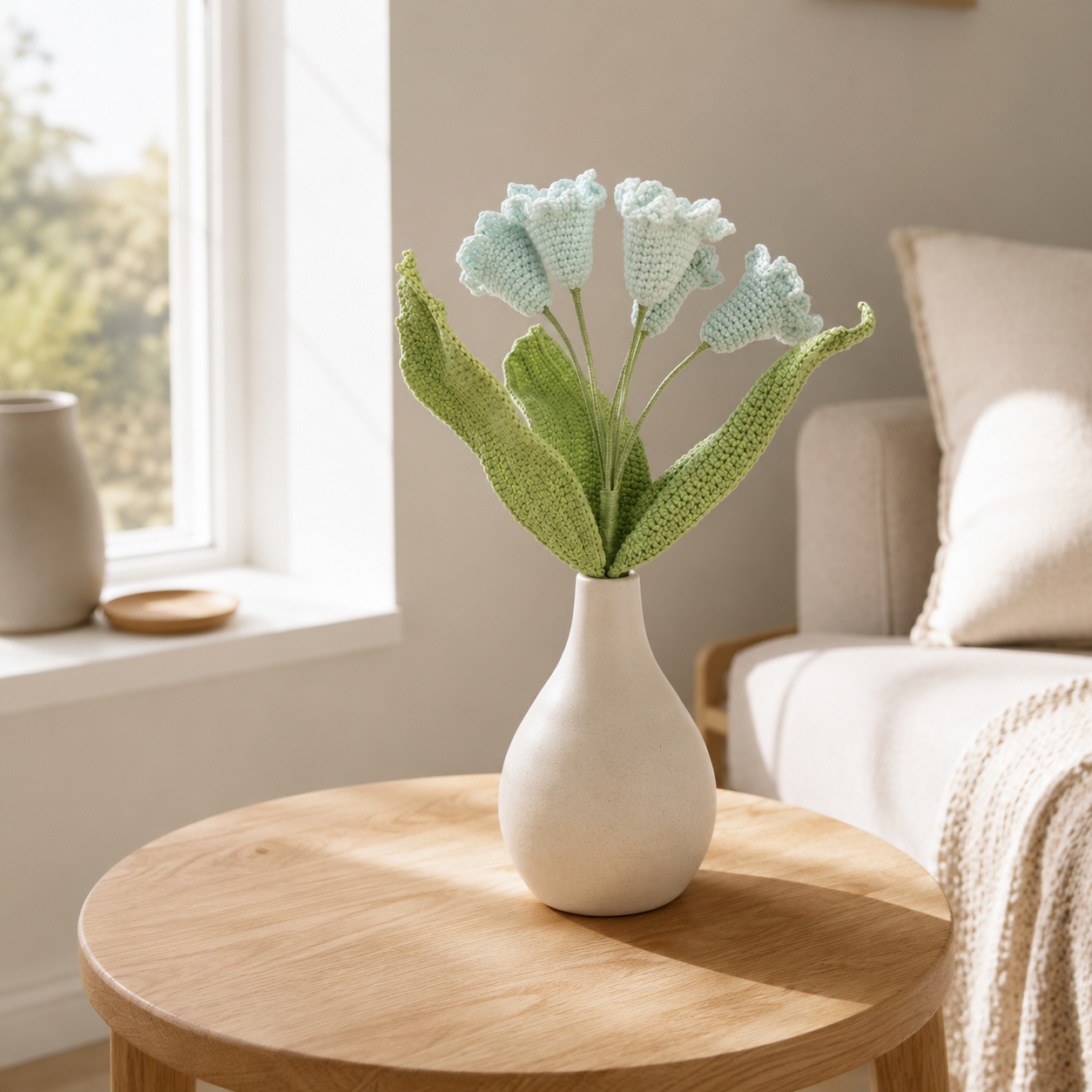 Crochet Flower Bouquet, Light Blue Bell-Shaped Blooms with Green Leaves, Artificial Floral Stem for Vase, Desk, Shelf and Home Decor