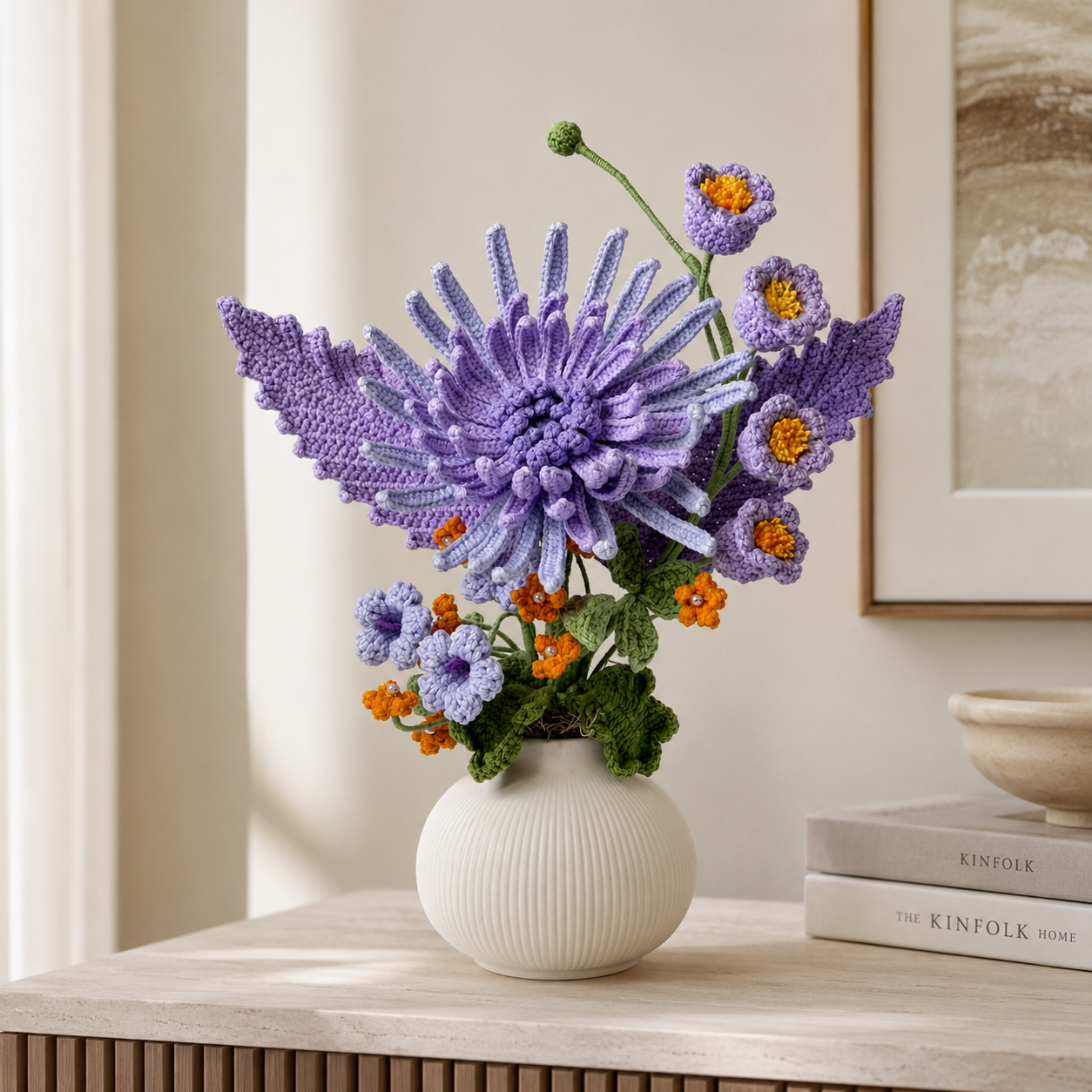 Hand crochet purple chrysanthemum arrangement in a white ceramic vase | crochet decorative floral arrangement | Home and office dining table centerpiece decoration | Women's gift