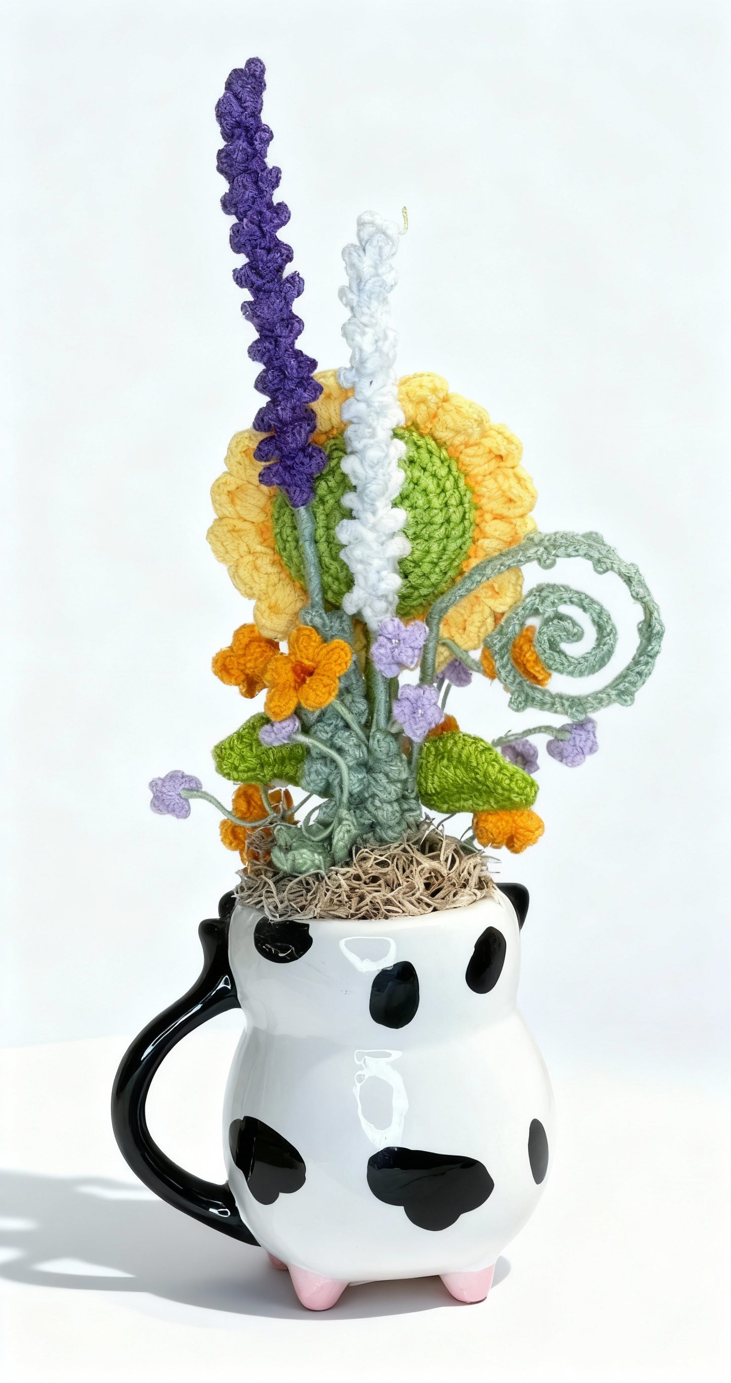 "Playful Farm" Hand-Crocheted Flower Bouquet & Cow Vase Set