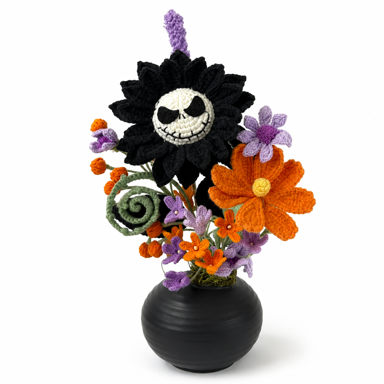 Handmade Crochet Holloween King Suunflower Flower Bouquet in a Black Vase | Gothic Halloween Home Decor | Unique crochet Floral Arrangement Gift