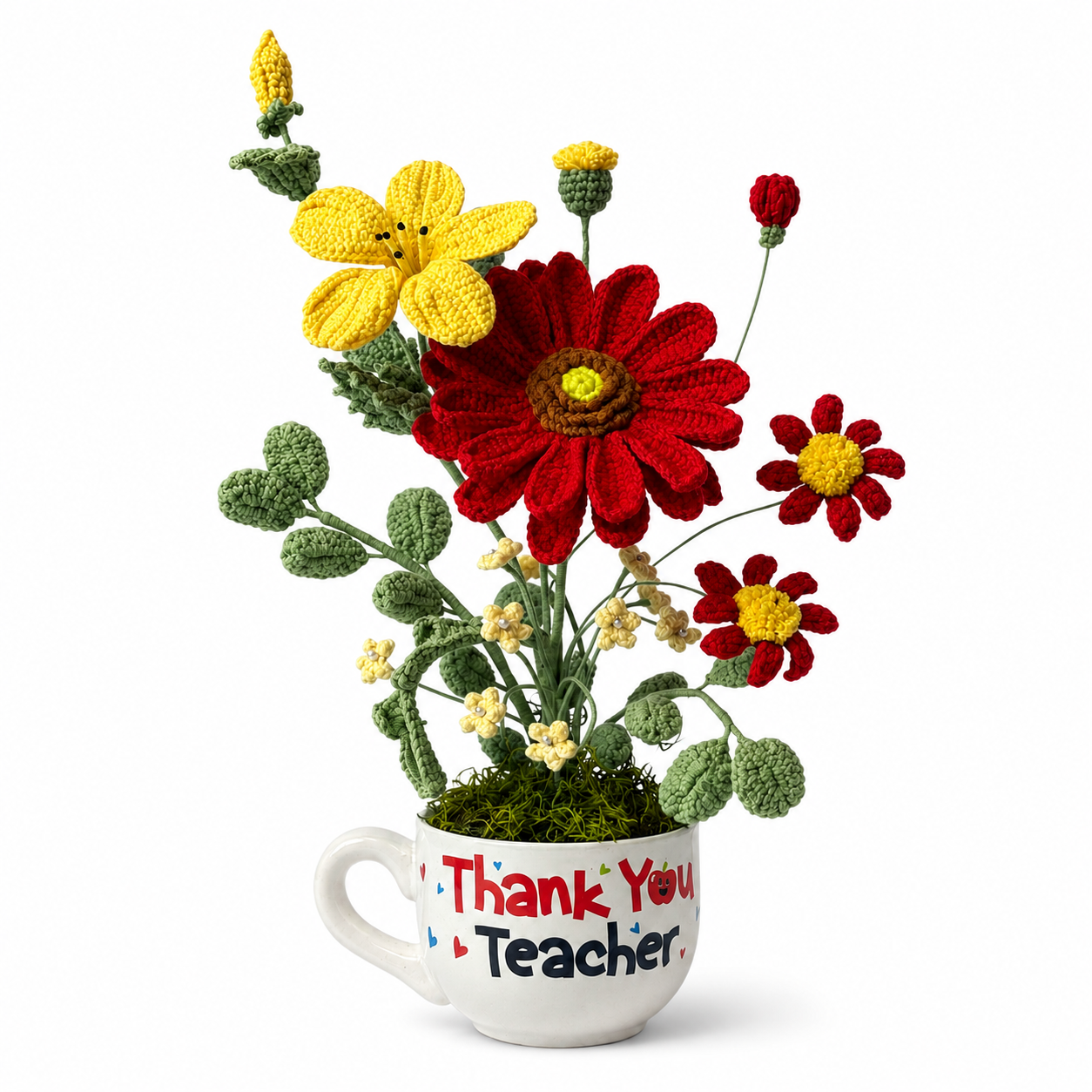 Handmade Crochet Flower Bouquet in “Thank You Teacher” Mug | Knitted Daisy & Sunflower Arrangement | Unique Teacher Appreciation Gift, Desk Home Office Decor, Eternal Floral Gift