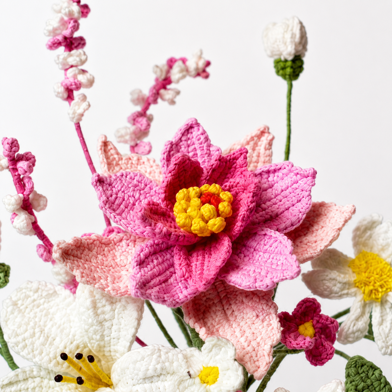 Hand crocheted pink rose flower bouquet | crocheted mixed flower arrangement | artificial yarn center for home, office, bedroom, and gift decoration