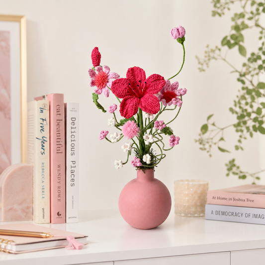 Handmade Crochet Flower Arrangement in Ceramic Vase | Decorative Knitted Floral Bouquet Home Décor Centerpiece | Artificial Yarn Flowers for Living Room, Bedroom, Office & Gift