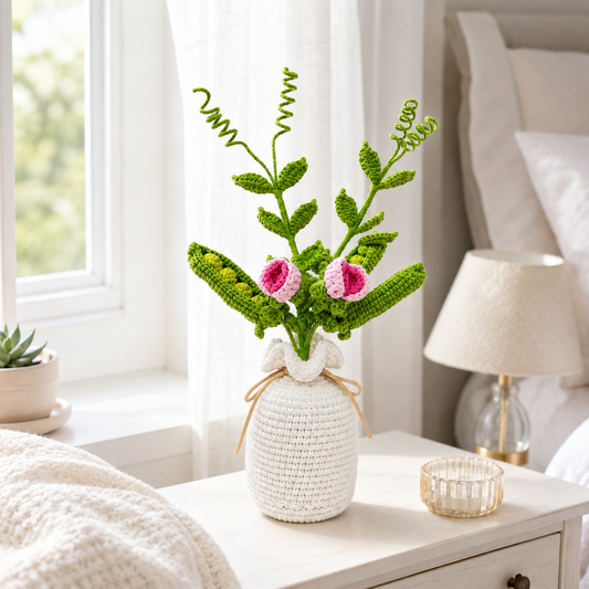Handmade Crochet Green Plant Bouquet in White Vase, Knitted Pea Pod Flower Arrangement with Pink Crochet Blooms, Rustic Farmhouse Tabletop Decor for Bedroom Living Room Office, Cozy Gift for Women