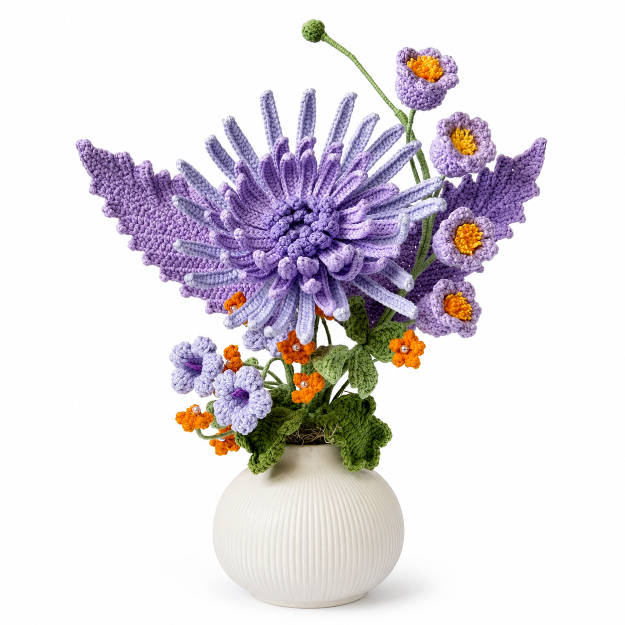 Hand crochet purple chrysanthemum arrangement in a white ceramic vase | crochet decorative floral arrangement | Home and office dining table centerpiece decoration | Women's gift
