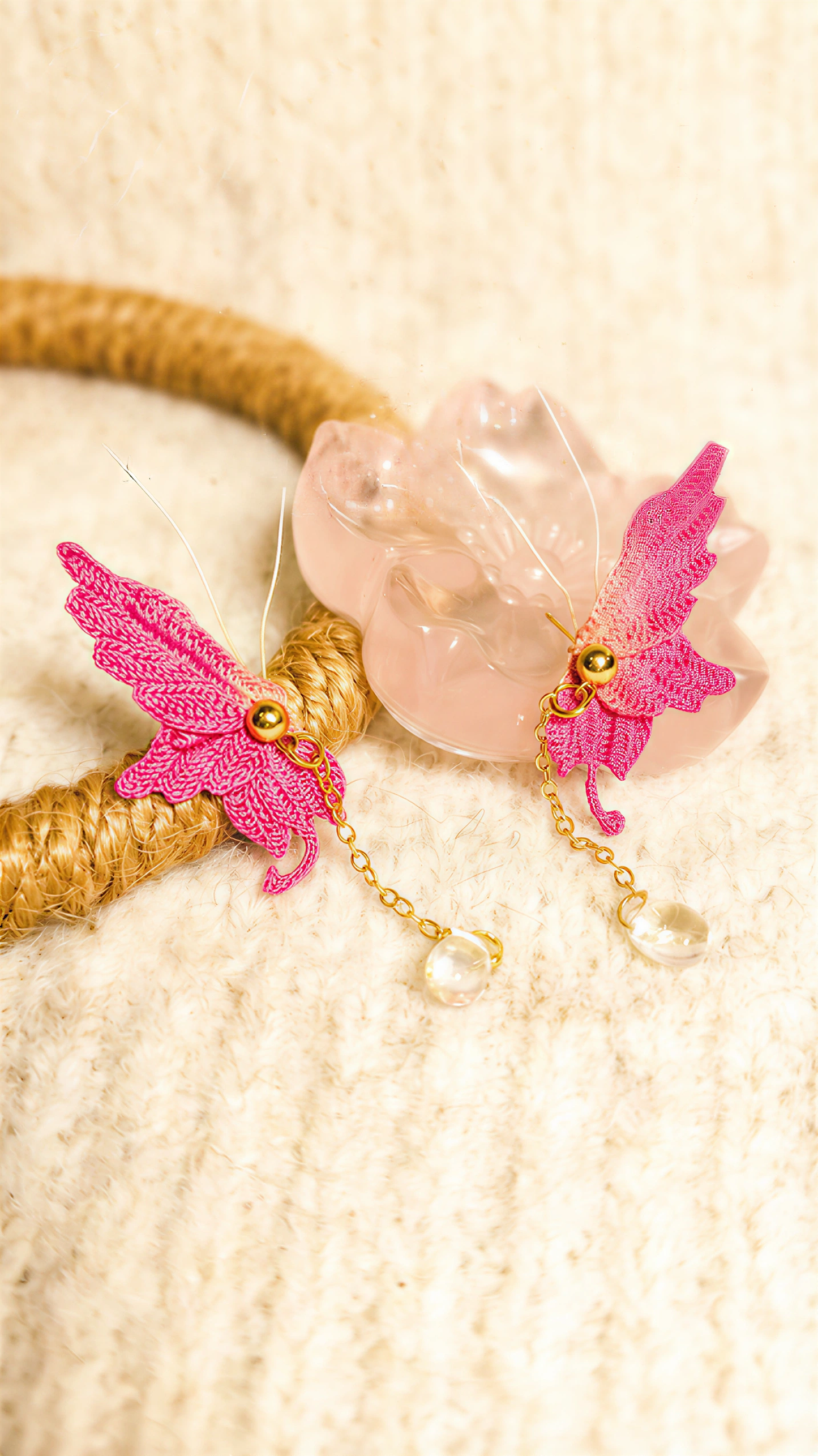 Handmade Crocheted Butterfly Earrings with Crystal Pendants – Lightweight & Elegant