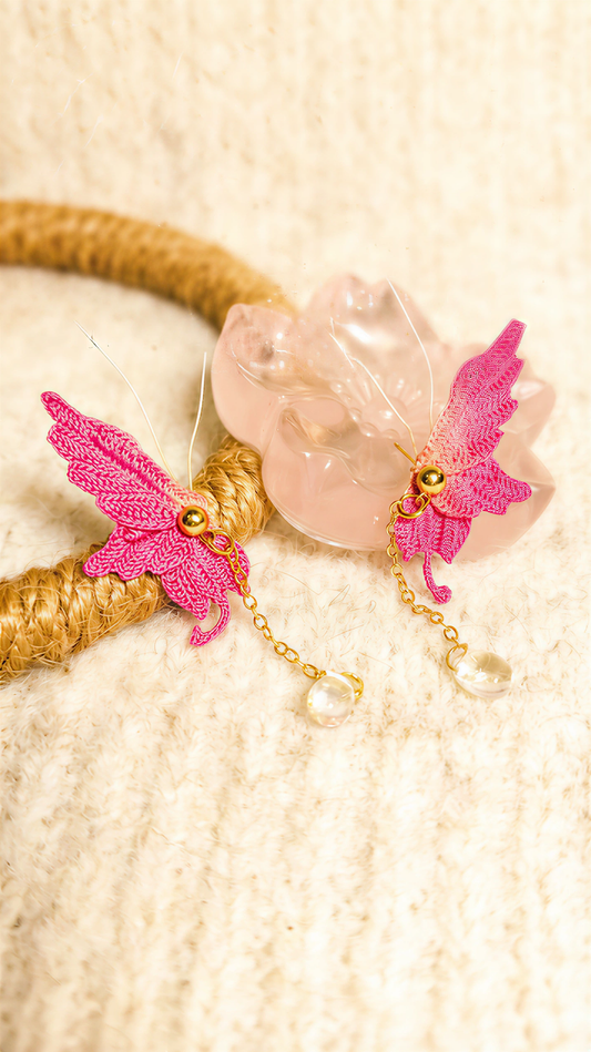 Handmade Crocheted Butterfly Earrings with Crystal Pendants – Lightweight & Elegant