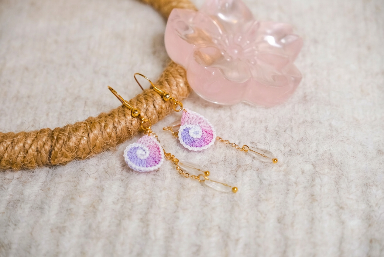 Handmade Crocheted Gradient Shell Earrings – Soft Macaron Color Palette, Crystal Bead Embellishments, Stylish Light Luxury Accessories