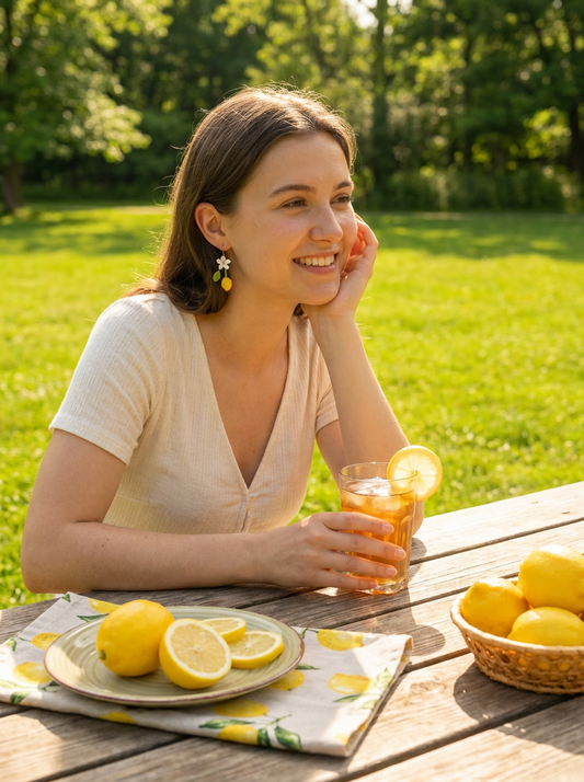 Crocheted Lemon Flower Earrings – A Combination of Lemon Yellow, White and Green, Pastoral Fresh Style