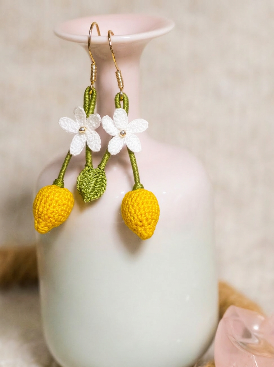 Crocheted Lemon Flower Earrings – A Combination of Lemon Yellow, White and Green, Pastoral Fresh Style