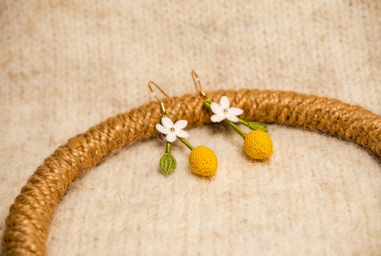 Crocheted Lemon Flower Earrings – A Combination of Lemon Yellow, White and Green, Pastoral Fresh Style