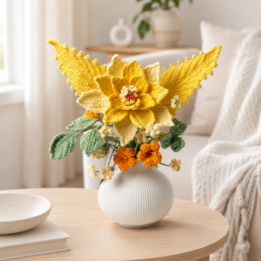 Handmade crocheted yellow rose bouquet vase | Knitted artificial flower home decoration center decoration | Bohemian country table decoration | Unique gift for women, Mother's Day, birthday and moving in