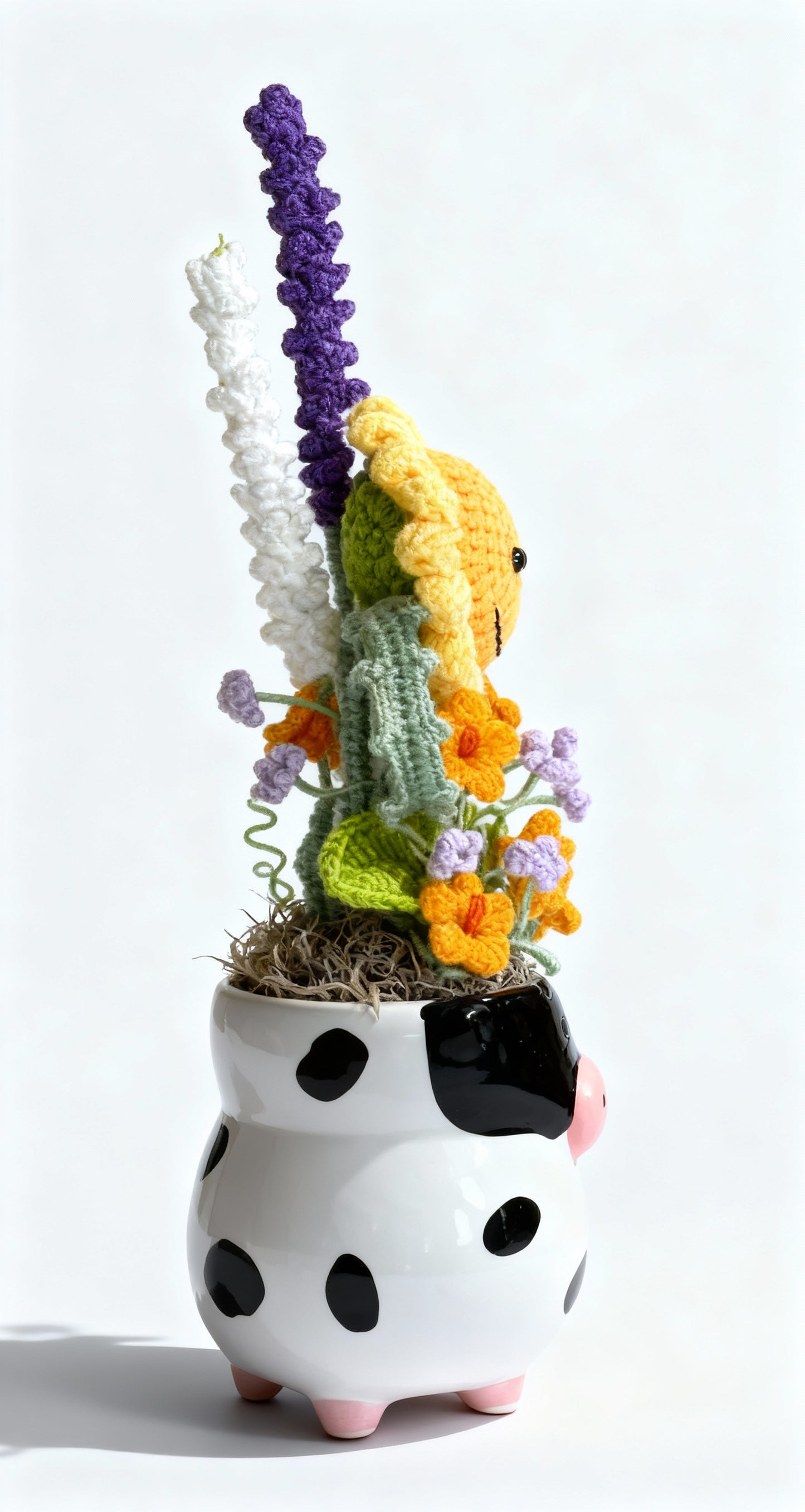 "Playful Farm" Hand-Crocheted Flower Bouquet & Cow Vase Set
