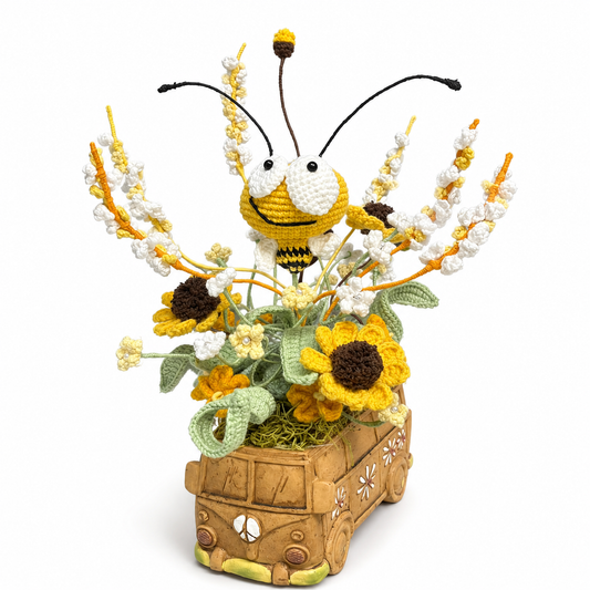 Hand-crochet bee arrangement, in a vintage hippy bus | Cute floral home decoration | Crochet desk decoration gift