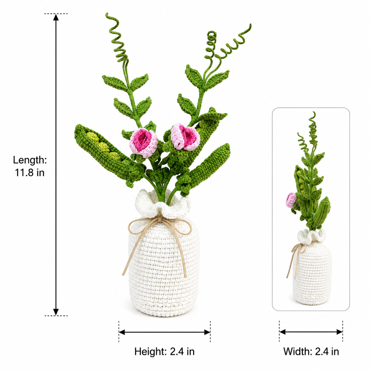 Handmade Crochet Green Plant Bouquet in White Vase, Knitted Pea Pod Flower Arrangement with Pink Crochet Blooms, Rustic Farmhouse Tabletop Decor for Bedroom Living Room Office, Cozy Gift for Women