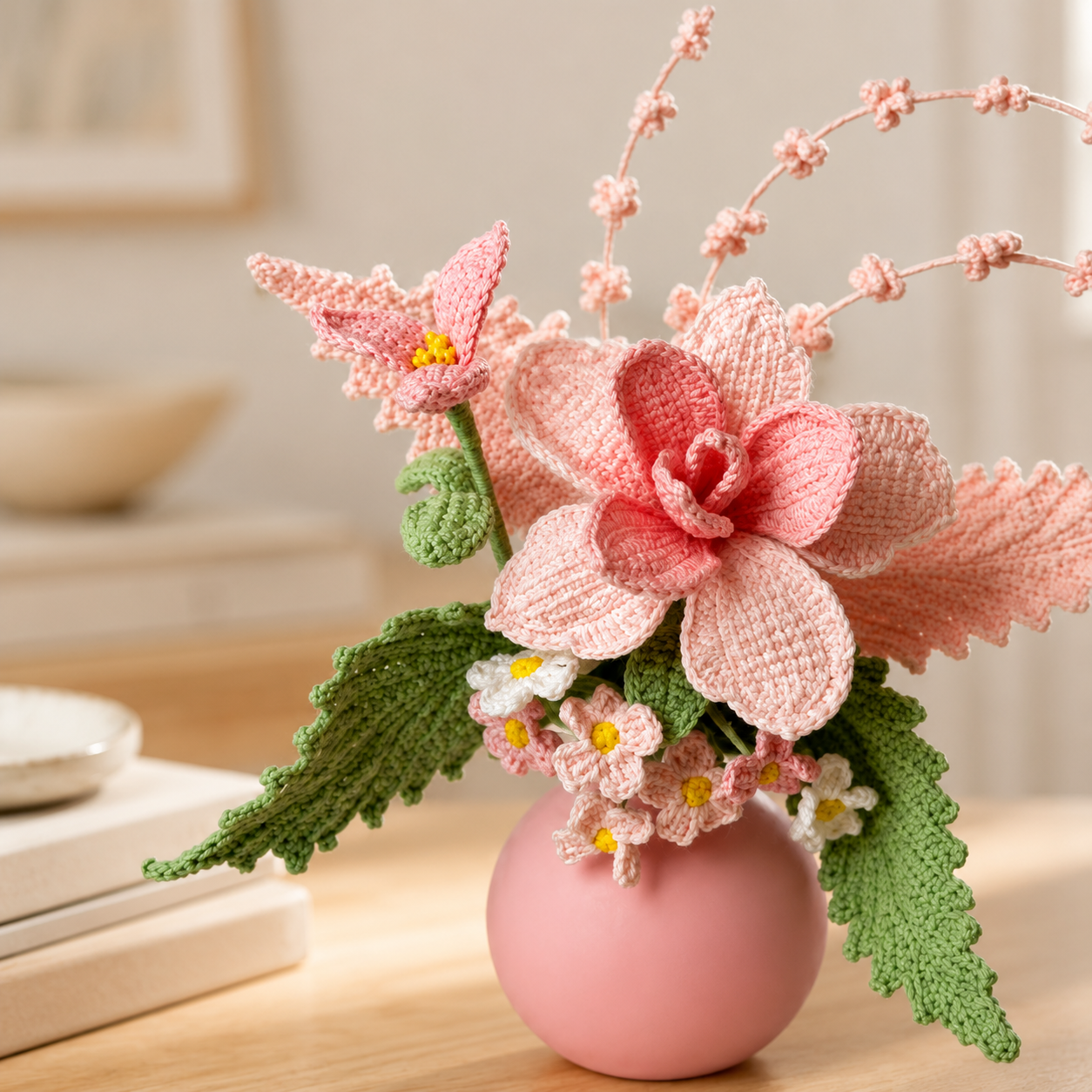 Handmade Crochet Flower Arrangement in Vase | Pink Artistic Knitted Floral Bouquet Decor | Home Table Centerpiece, Bedroom & Living Room Aesthetic Decoration | Unique Handmade Gift for Women