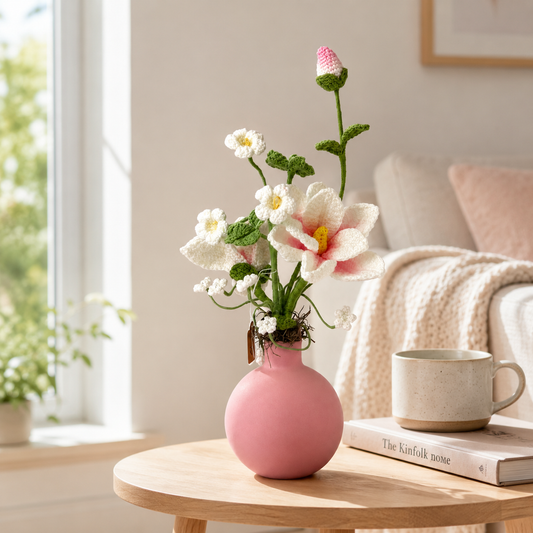 Handmade Crochet Flower Arrangement in Pink Vase | Knitted Artificial Floral Bouquet Decor | Realistic Yarn Flower Centerpiece for Home, Office & Gift Decoration | Unique Artisan Home Décor