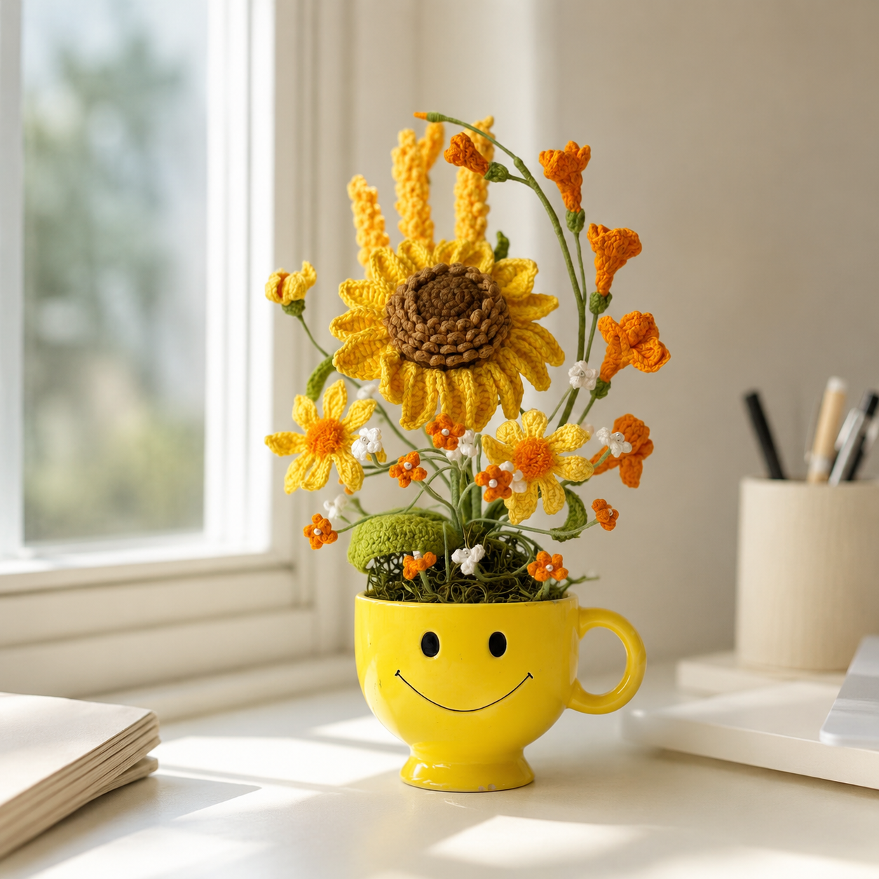 Handmade Crochet Flower Mug Planter Decor – Cute Smiley Ceramic Cup with Knitted Sunflower Bouquet – Home Desk, Office & Living Room Aesthetic Floral Arrangement Gift