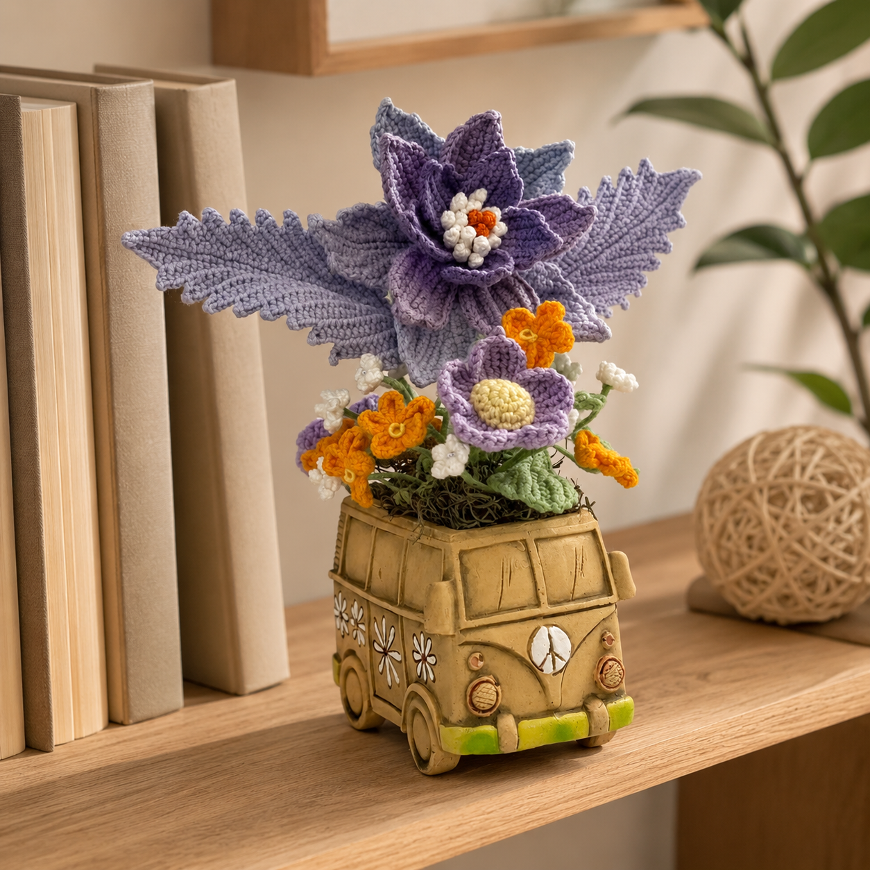 Handmade crochet floral flower cart flower pot | retro bus flower pot home decoration